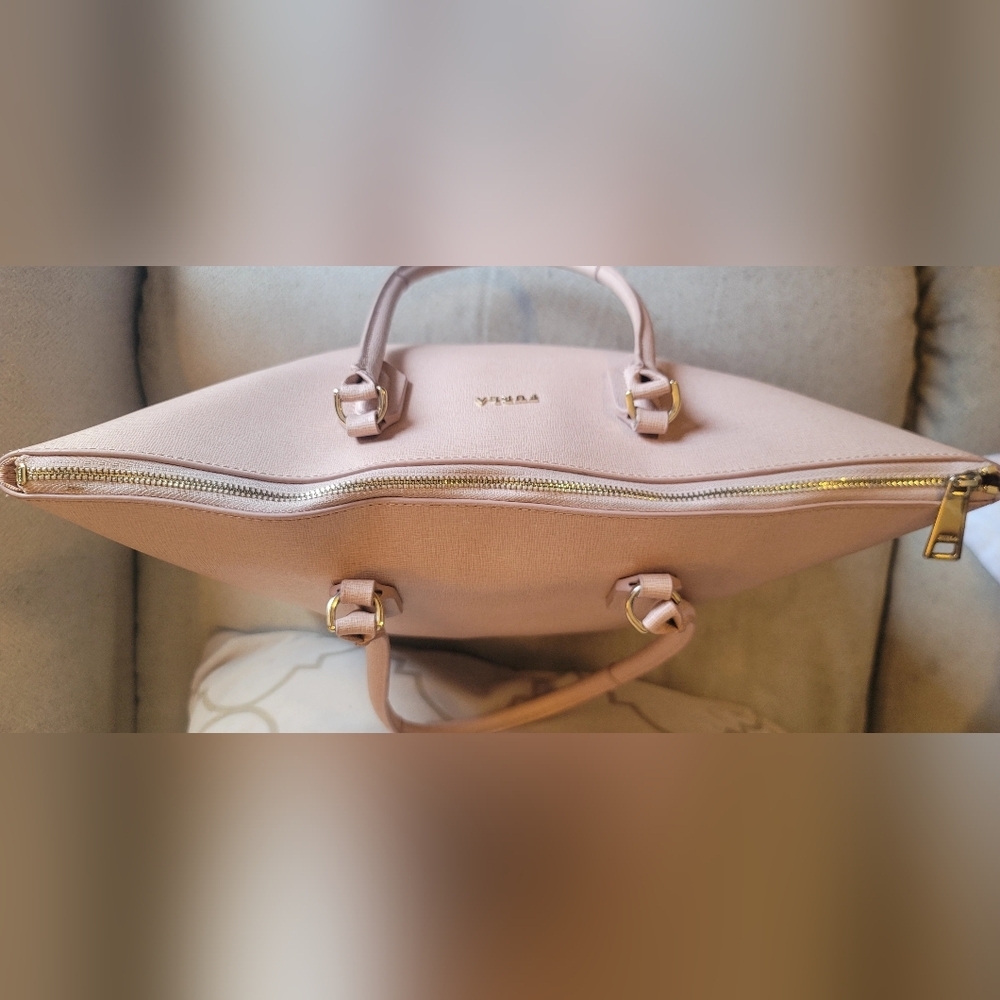 Furla Leather Tote Bag Pink Zip Up Saffino Leather Bottom Studs Large Structured - Picture 10 of 16